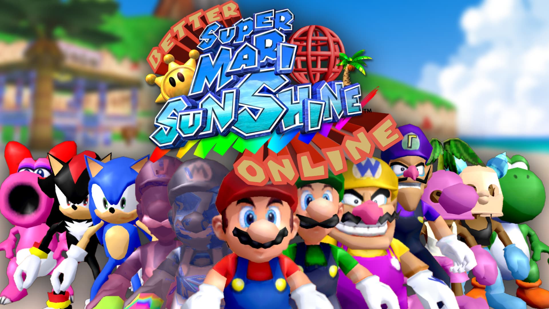 A group portrait with the Better Super Mario Sunshine Online logo