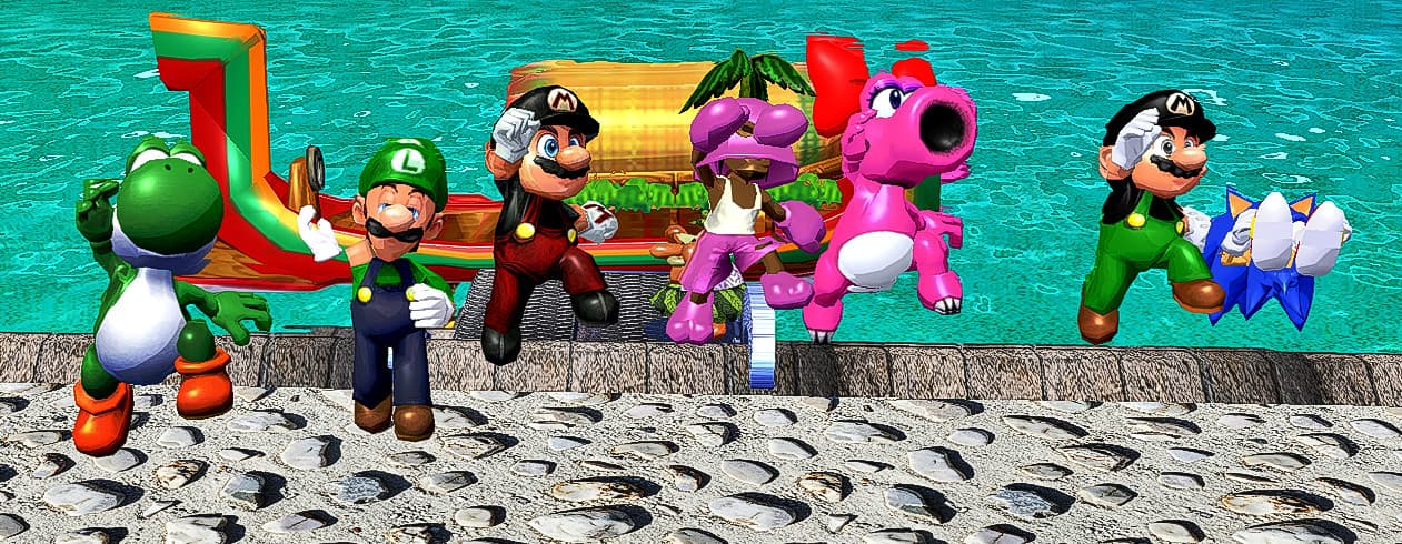 Yoshi, Luigi, Mario variants, and custom characters lined up by the water