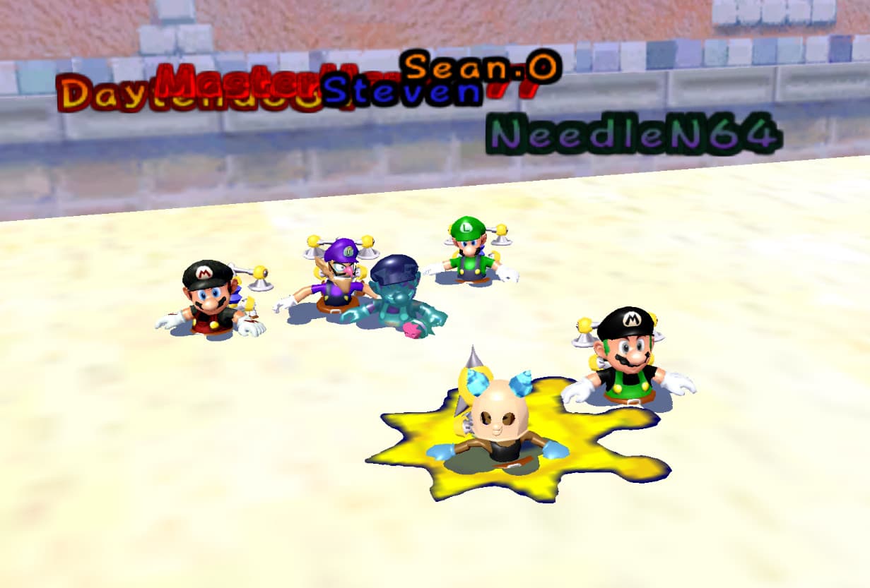 Six online players grouped together with their name labels