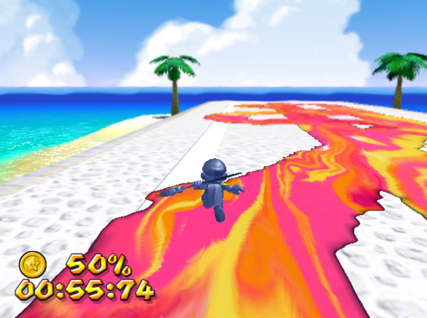 Shadow Mario painting a timed trail of goop