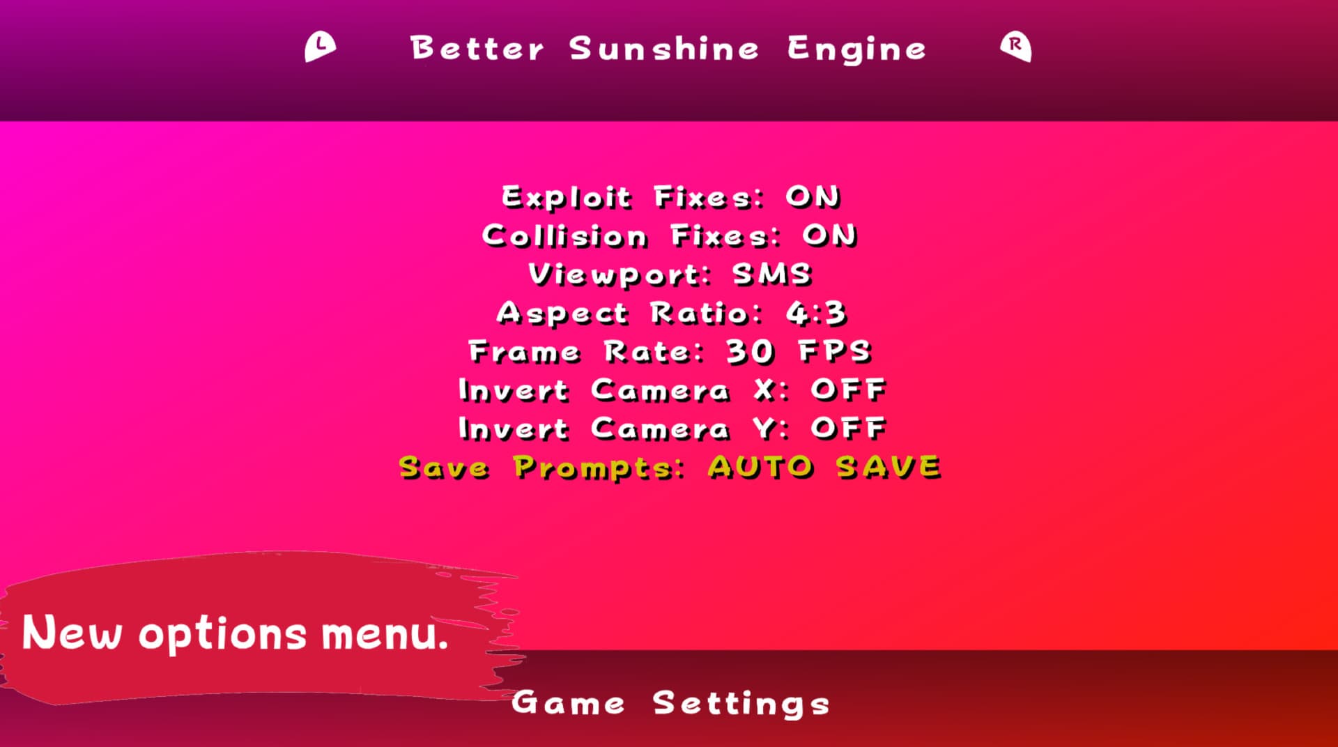 Super Mario Sunburn's in-game options menu
