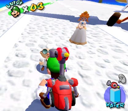 Luigi with FLUDD meeting Daisy and E. Gadd in Delfino Plaza