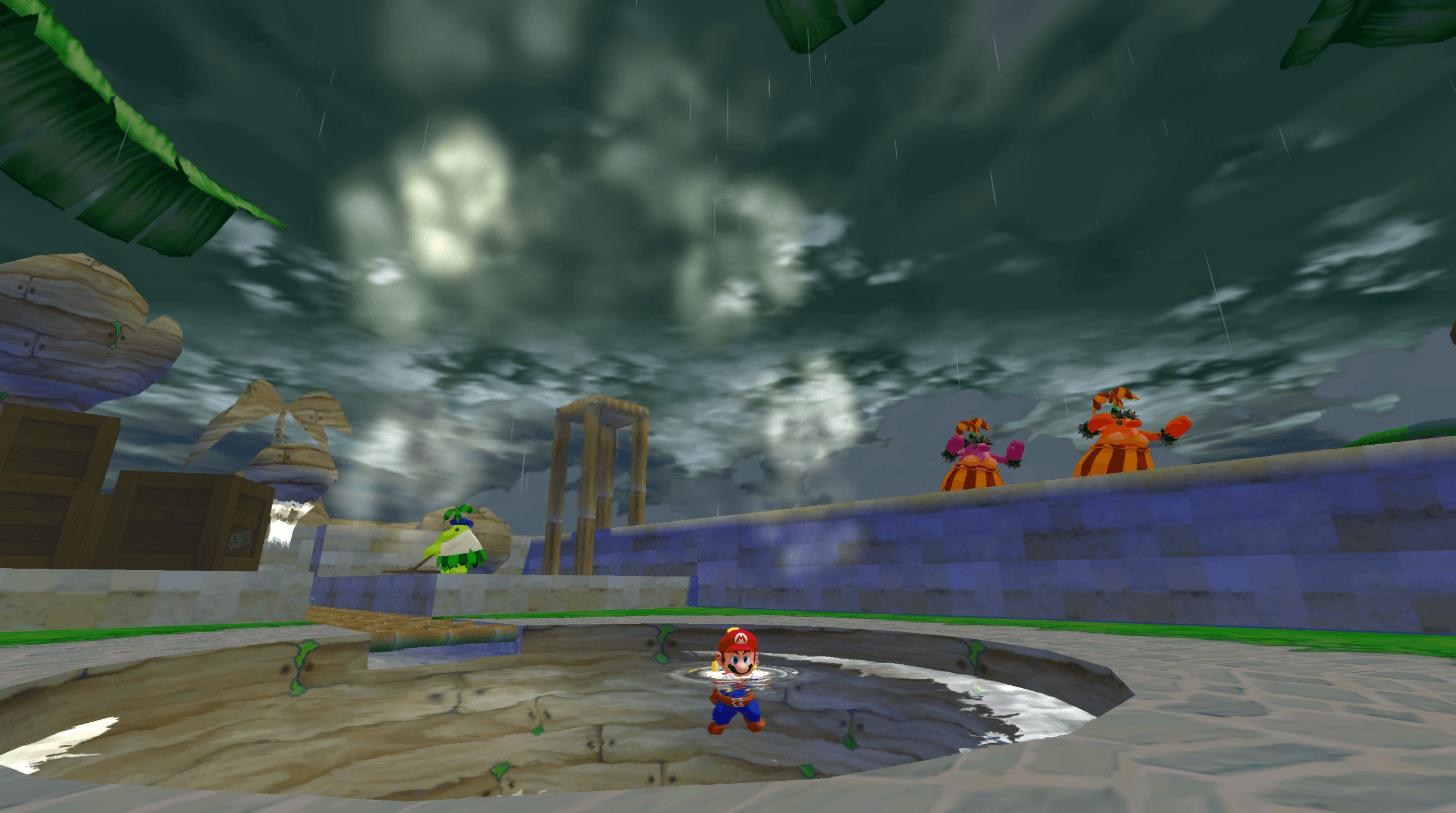 Mario standing in the rain beneath heavy storm clouds