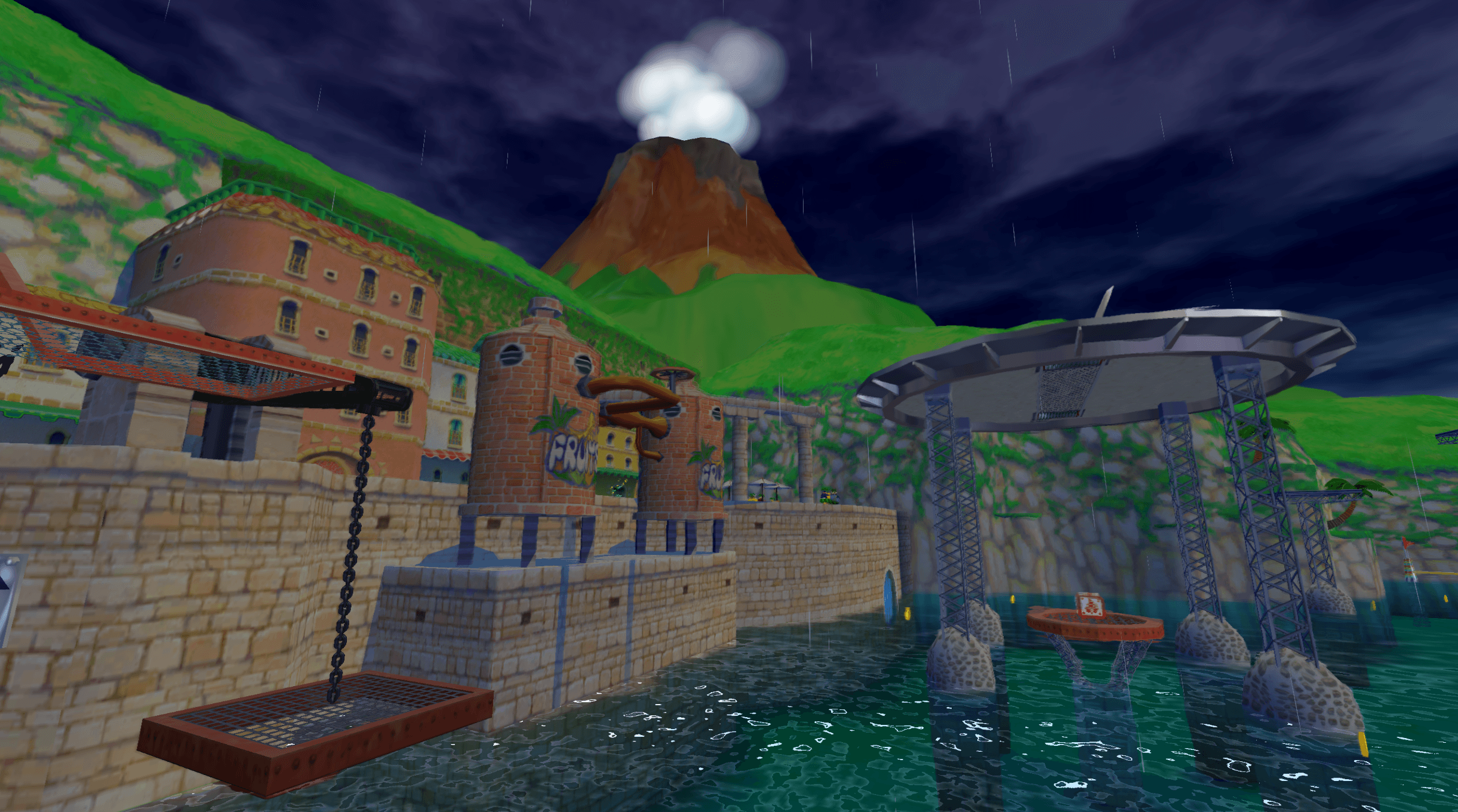A rain-soaked harbor beneath a dark blue sky