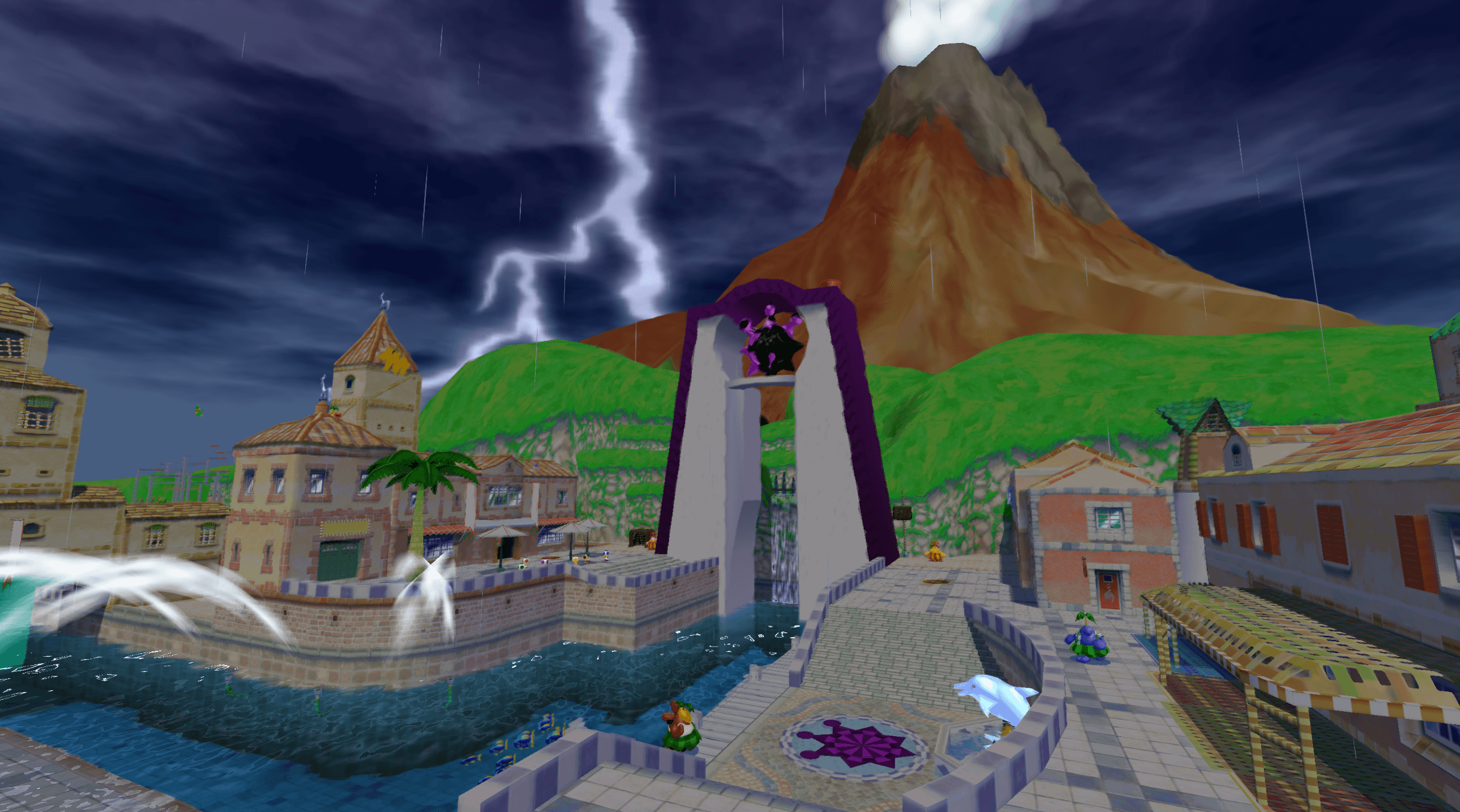 Delfino Plaza beneath a lightning-filled storm
