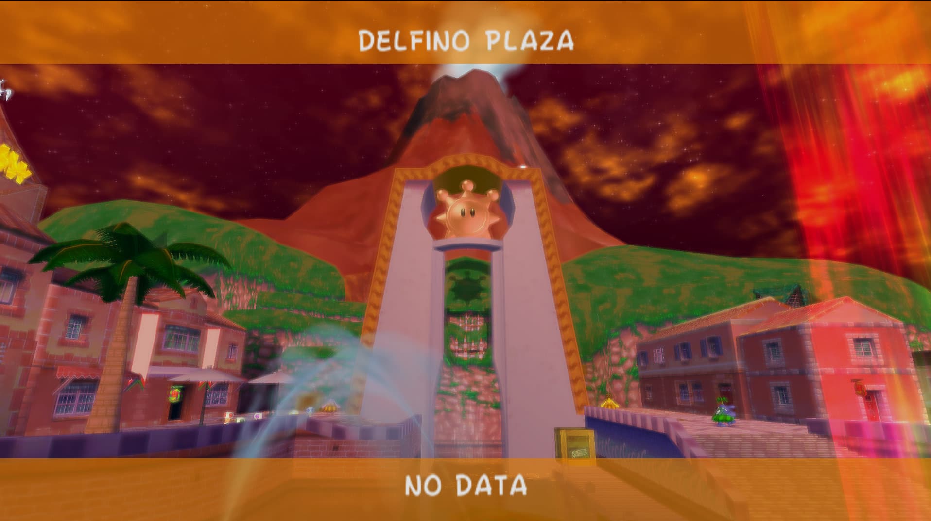 Delfino Plaza's bell tower beneath a fiery sunset sky