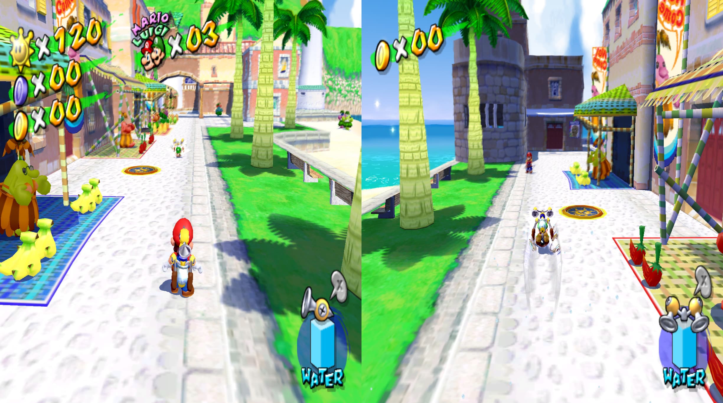 Mario and Luigi exploring Delfino Plaza in vertical split-screen