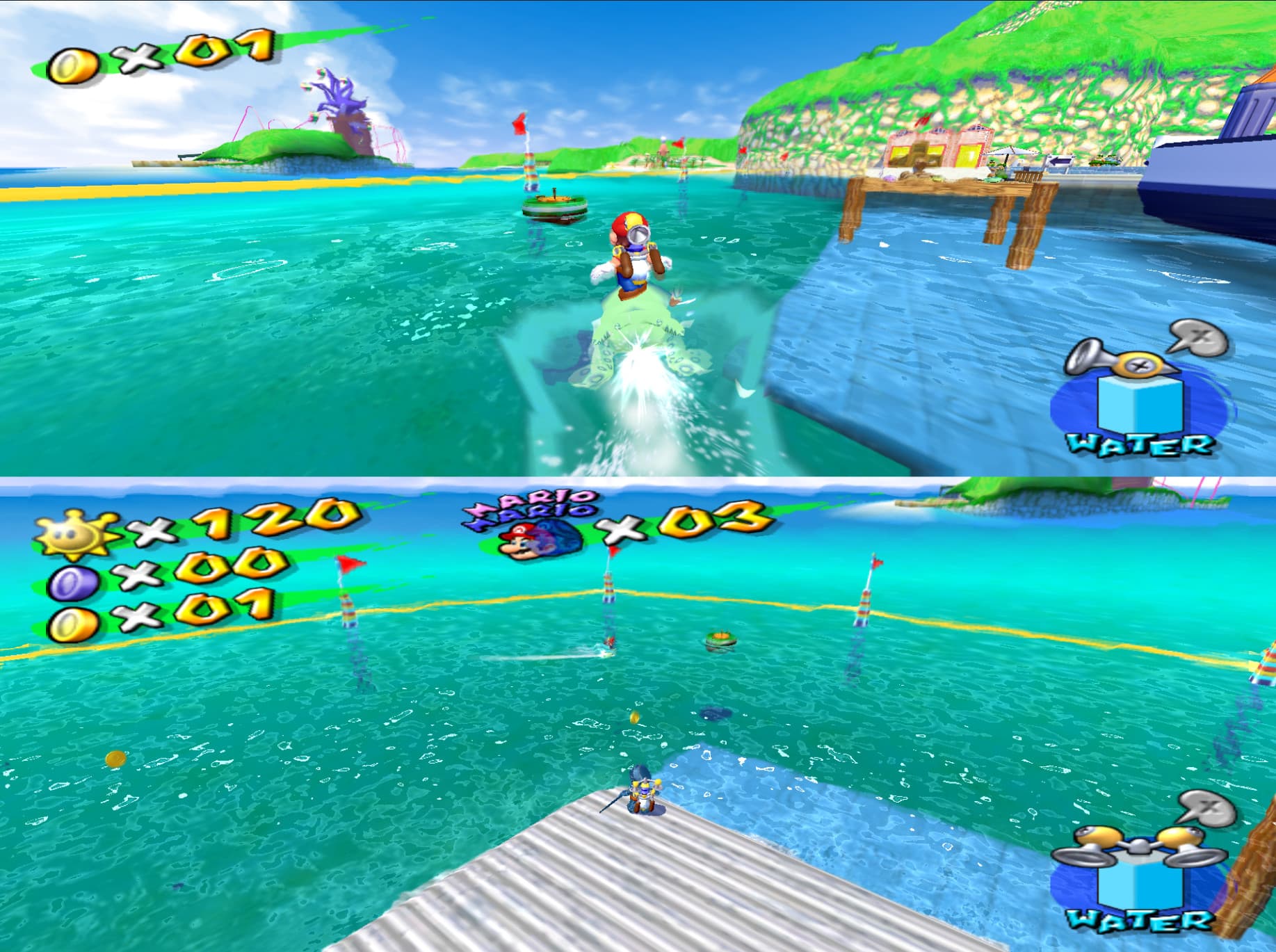 Mario and Luigi swimming together in horizontal split-screen