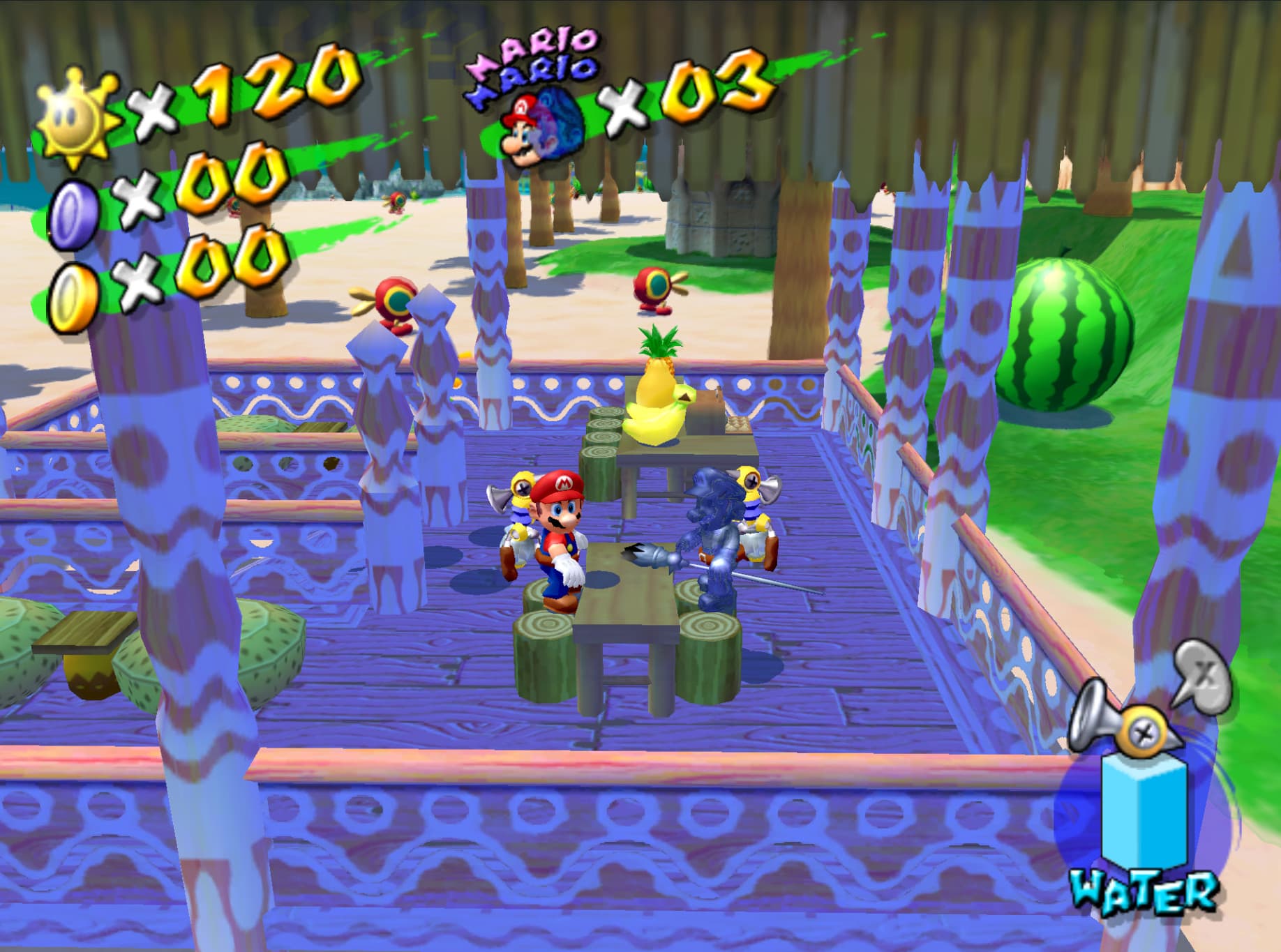 Mario and Shadow Mario sitting together in Gelato Beach