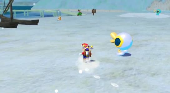Mario running across a snowy beach beside a winter enemy