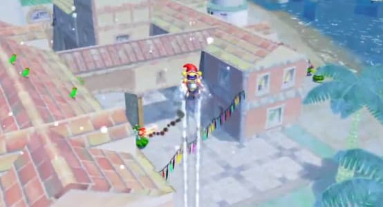 Mario hovering above a snow-covered Delfino Plaza